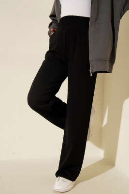 Bol Paça Geniş Bel Lastikli Pantolon Siyah - Thumbnail