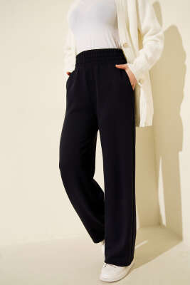 Pazarium - Bol Paça Geniş Bel Lastikli Pantolon Lacivert