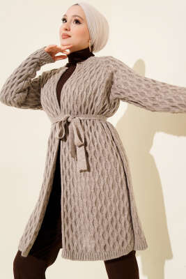 Pazarium - Damla Kabartmalı Triko Hırka Vizon