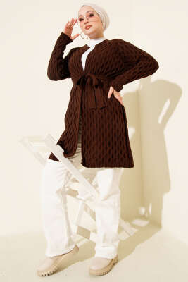 Damla Kabartmalı Triko Hırka Kahverengi - Thumbnail