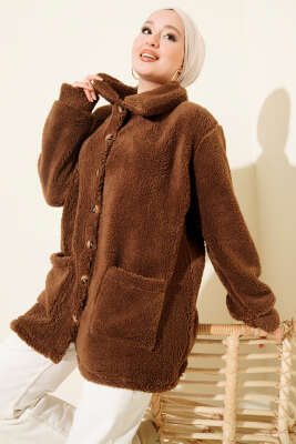 Pazarium - Düğmeli Peluş Hırka Acı Kahve