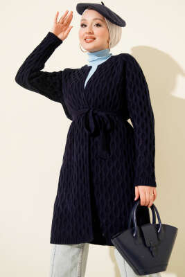 Pazarium - Damla Kabartmalı Triko Hırka Lacivert