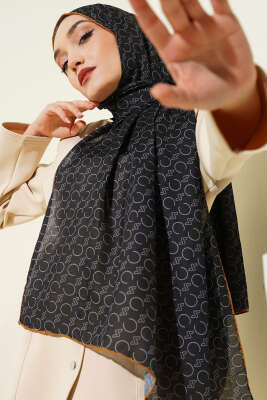 Pazarium - Desenli Ribanalı Demore Şal Siyah Camel