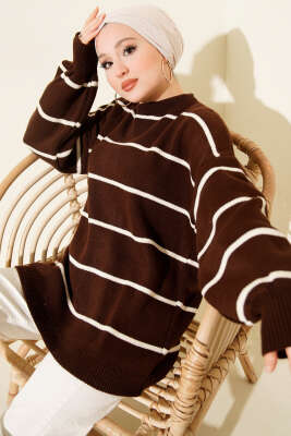 Pazarium - Yatay Çizgili Balon Kol Triko Tunik Kahve