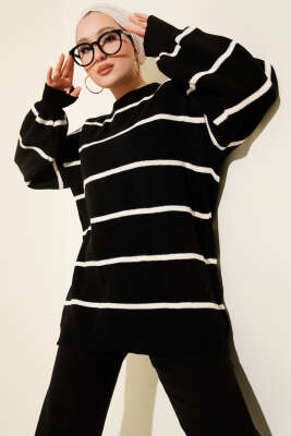 Pazarium - Yatay Çizgili Balon Kol Triko Tunik Siyah