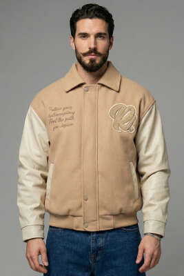 Pazarium - Kol Deri Nakışlı Erkek Mont Bej