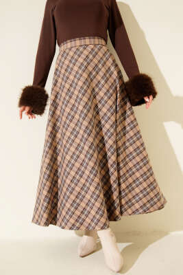 Pazarium - Ekoseli Kloş Etek Latte