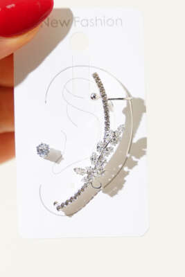 Pazarium - Yaprak Taşlı Kıkırdak Küpe Gümüş