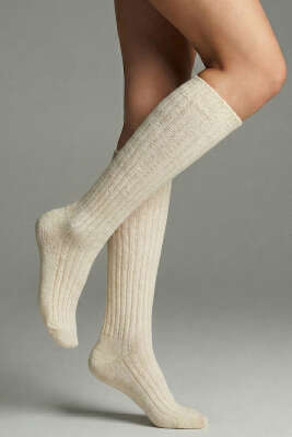 Pazarium - Derbili Dizaltı Yün Çorap Bej