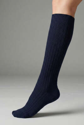 Pazarium - Derbili Dizaltı Yün Çorap Lacivert