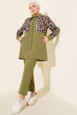 Pazarium - Leopar Garnili Hırkalı İkili Takım Haki