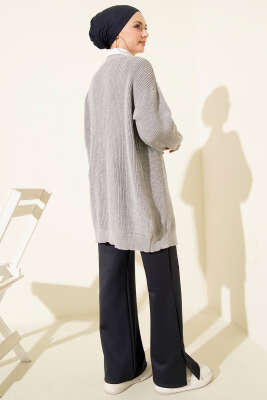 Pirinç Örgü Basic Triko Hırka Gri - Thumbnail