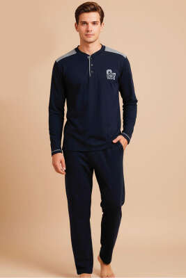 Pazarium - Garnili Düğme Detaylı Polar Erkek Pijama Takımı Lacivert