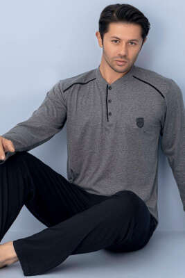 Pazarium - Yaka Düğmeli Biyeli Erkek Pijama Takımı Füme