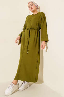 Pazarium - Duble Kol İp Bağcıklı Elbise Yağ Yeşili