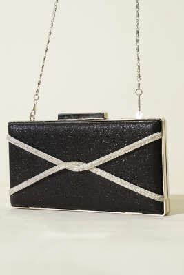 Pazarium - Dikdörtgen Çapraz Simli Abiye Çanta Siyah