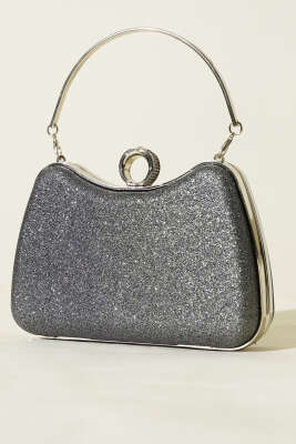 Pazarium - Yüzüklü Simli Abiye Çanta Füme