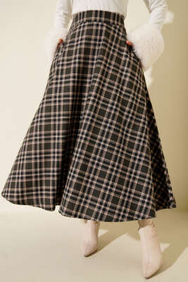 Pazarium - Ekoseli Cepli Kloş Etek Haki