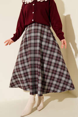 Pazarium - Ekoseli Cepli Kloş Etek Bordo