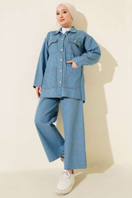 Pazarium - Çift Göğüs Cepli Kot İkili Takım Mavi