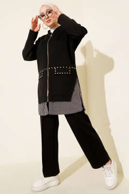 Pazarium - Çizgi Garnili Zımba Detaylı İkili Takım Siyah