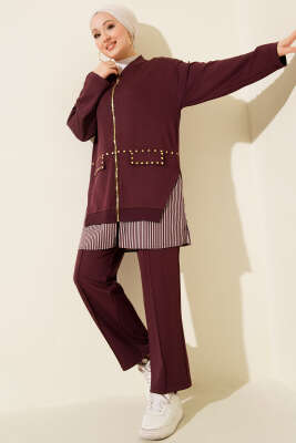 Pazarium - Çizgi Garnili Zımba Detaylı İkili Takım Mürdüm