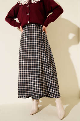 Pazarium - Yan İp Bağcıklı Ekoseli Etek Lacivert