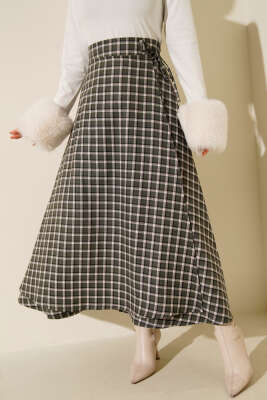 Pazarium - Yan İp Bağcıklı Ekoseli Etek Haki