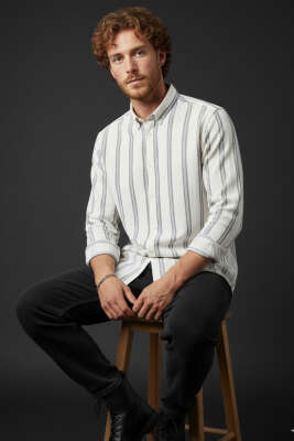 Slim Fit Çizgili Keten Erkek Gömlek Füme - Thumbnail