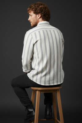 Slim Fit Çizgili Keten Erkek Gömlek Füme - Thumbnail