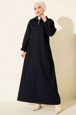 Pazarium - Yarım Yaka Fermuarlı Denim Elbise Lacivert