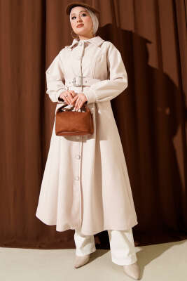 Pazarium - Kemerli Uzun Kaşe Kaban Ekru