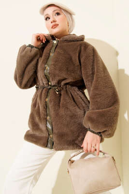 Pazarium - Bel Tünelli Çıtçıtlı Peluş Ceket Vizon