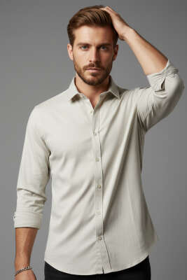 Pazarium - Slim Fit Pamuk Saten Erkek Gömlek Bej