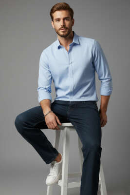 Pazarium - Slim Fit Pamuk Saten Erkek Gömlek Mavi
