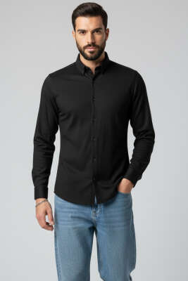 Pazarium - Fitilli Basic Erkek Gömlek Siyah