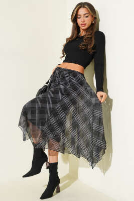 Pazarium - Ekose Desen Şifon Midi Etek Siyah