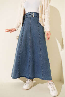 Pazarium - Çift Kemerli Kot Etek Kot Etek Mavi