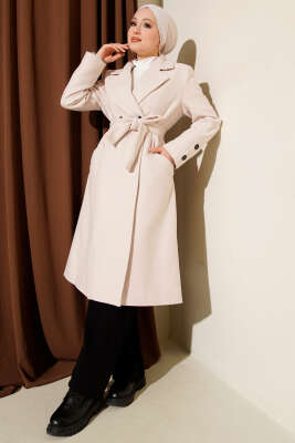 Pazarium - Kol Düğmeli Kuşaklı Kaşe Kaban Fil Dişi