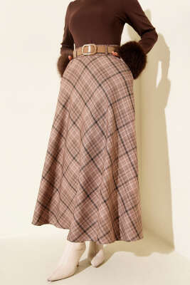 Pazarium - Kemerli Cepli Ekose Desen Etek Latte