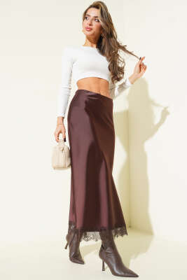 Pazarium - Dantel Detaylı Saten Etek Kahve