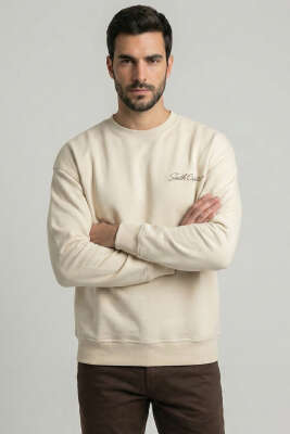 Pazarium - Sırt Baskılı Erkek Sweatshirt Krem
