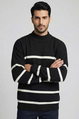 Pazarium - Çizgili Triko Erkek Kazak Siyah