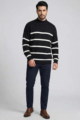 Çizgili Triko Erkek Kazak Siyah - Thumbnail