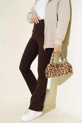 Pazarium - Yüksel Bel İspanyol Paça Pantolon Kahve