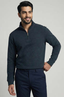 Pazarium - Yarım Fermuar Fitilli Erkek Sweatshirt Petrol