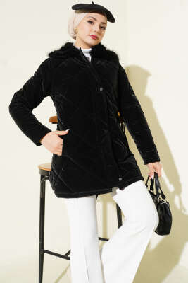 Pazarium - Yaka Kürklü Kapitone Kısa Mont Siyah