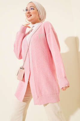 Pazarium - Pirinç Örgü Basic Triko Hırka Pembe
