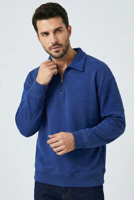 Pazarium - Yaka Fermuarlı Ribanalı Erkek Sweatshirt Lacivert