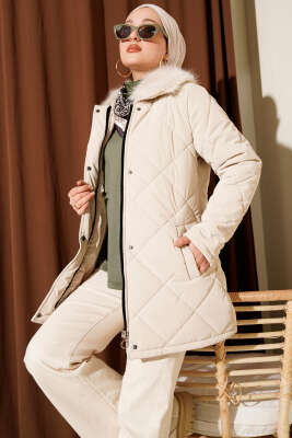 Pazarium - Yaka Kürklü Kapitone Kısa Mont Taş